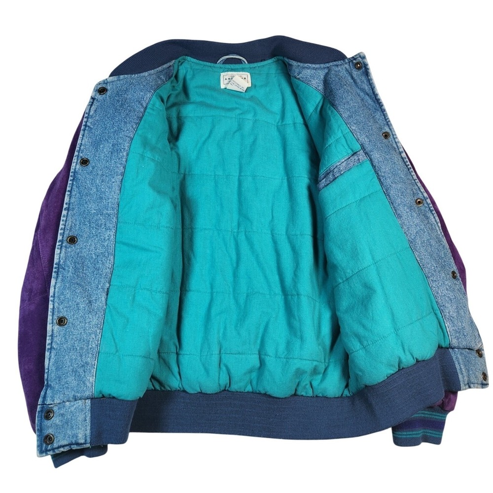 Vintage 90s Arizona Jean Company Denim Suede Bomber Jacket Purple Teal Medium‎ - Picture 13 of 13
